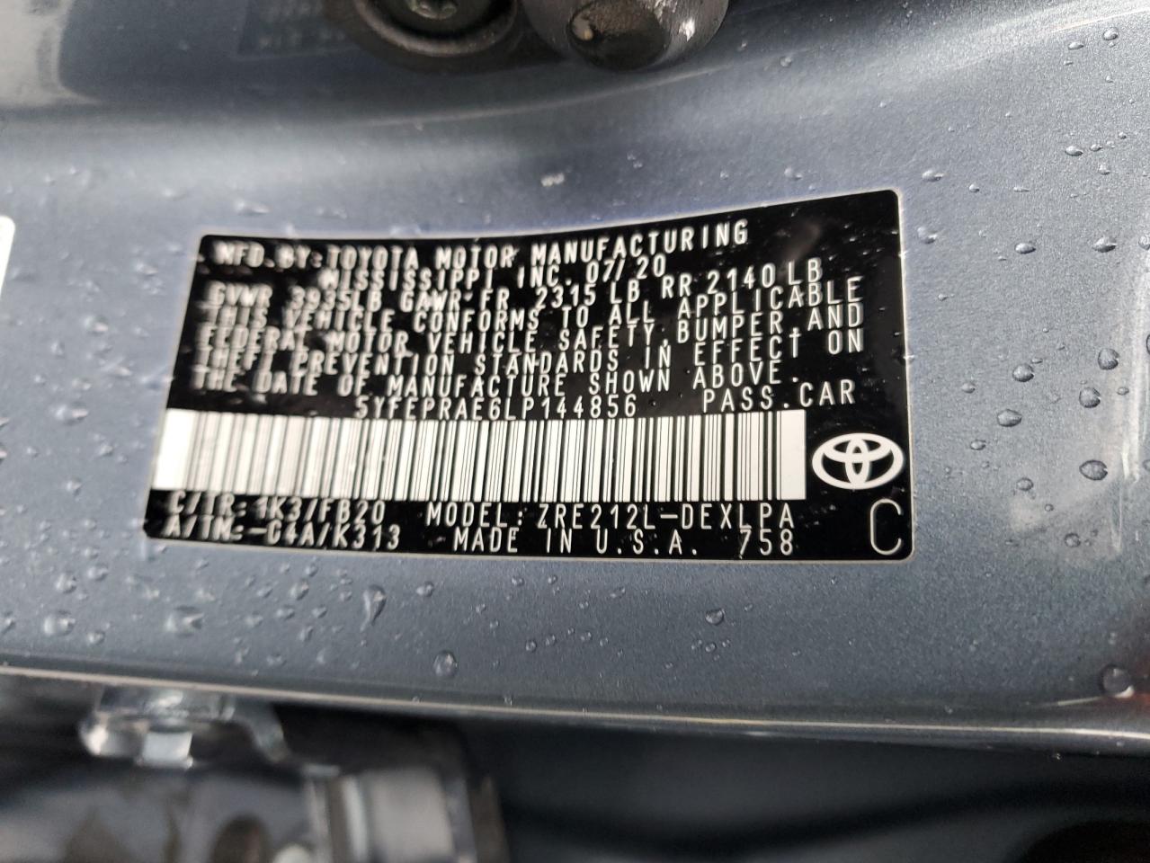 2020 Toyota Corolla VIN 5YFEPRAE6LP144856 Copart auction photo, front end / side damage thumbnail 13