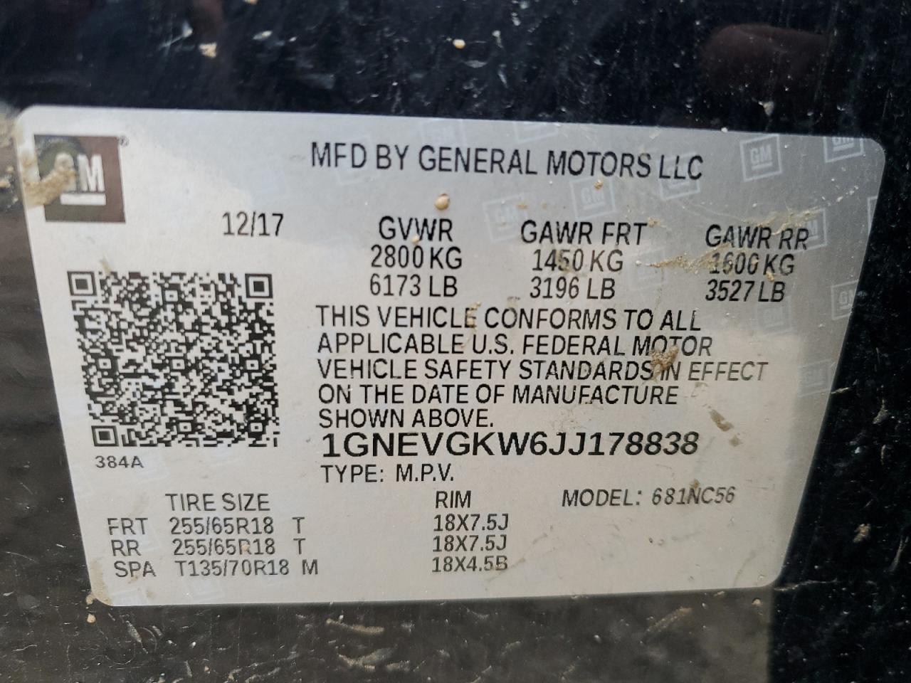 2018 Chevrolet Traverse VIN 1GNEVGKW6JJ178838 Copart auction photo, water/flood / front end damage thumbnail 16