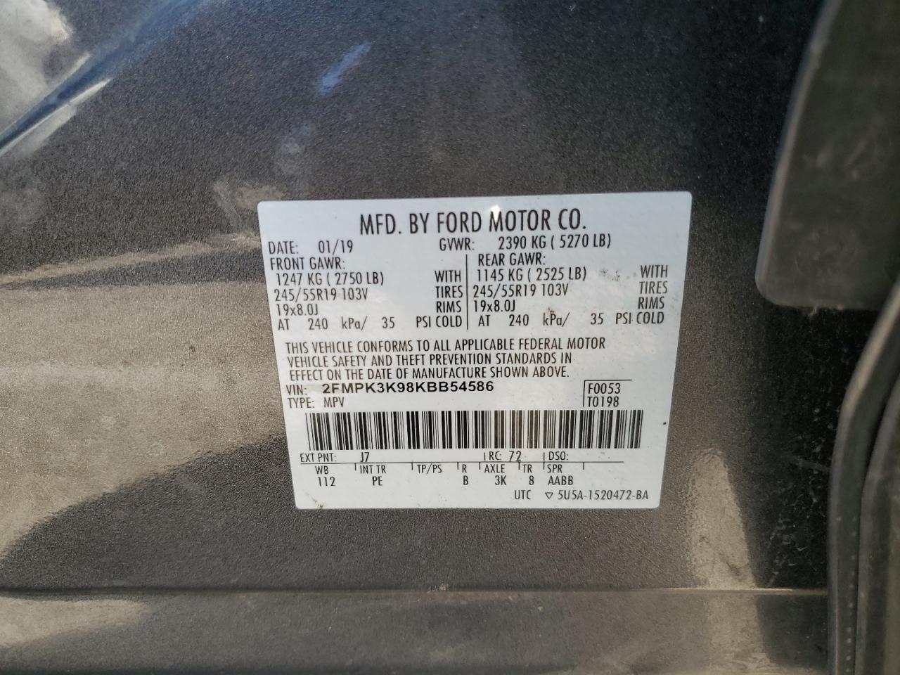 2019 Ford Edge VIN 2FMPK3K98KBB54586 Copart auction photo, all over damage thumbnail 13