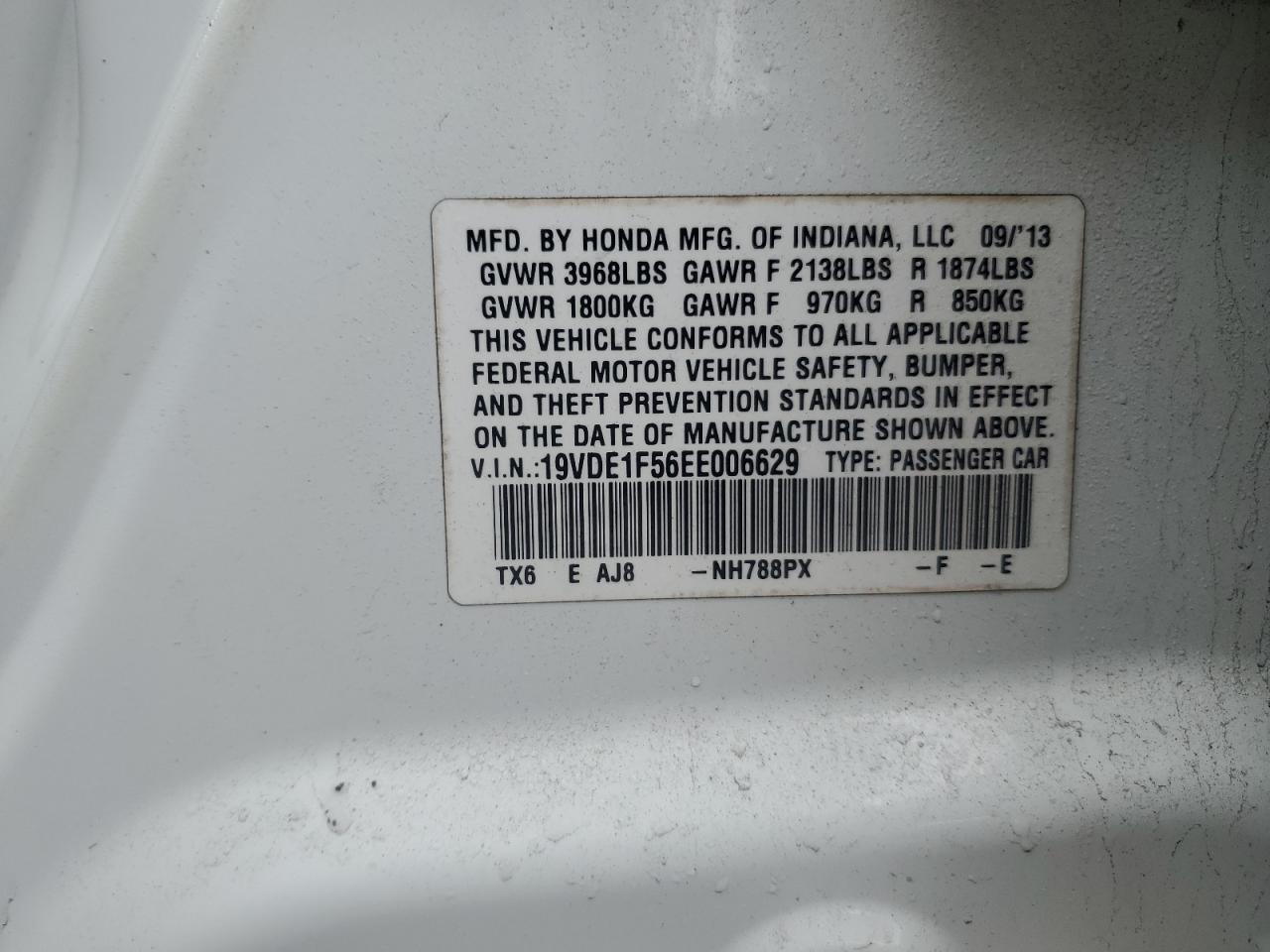 2014 Acura ILX VIN 19VDE1F56EE006629 Copart auction photo, front end / rear end damage thumbnail 12