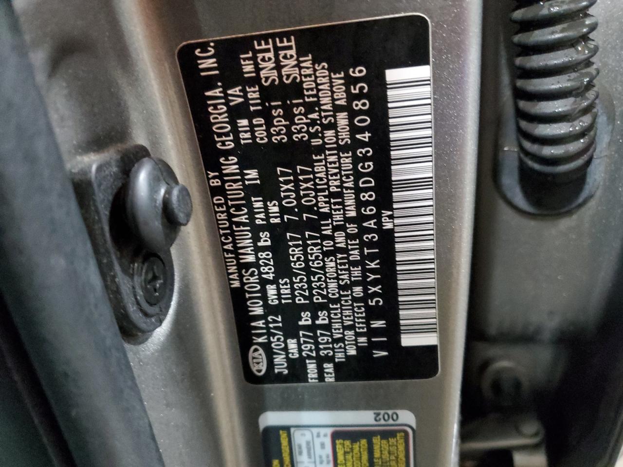 2013 KIA Sorento VIN 5XYKT3A68DG340856 Copart auction photo, front end damage thumbnail 13