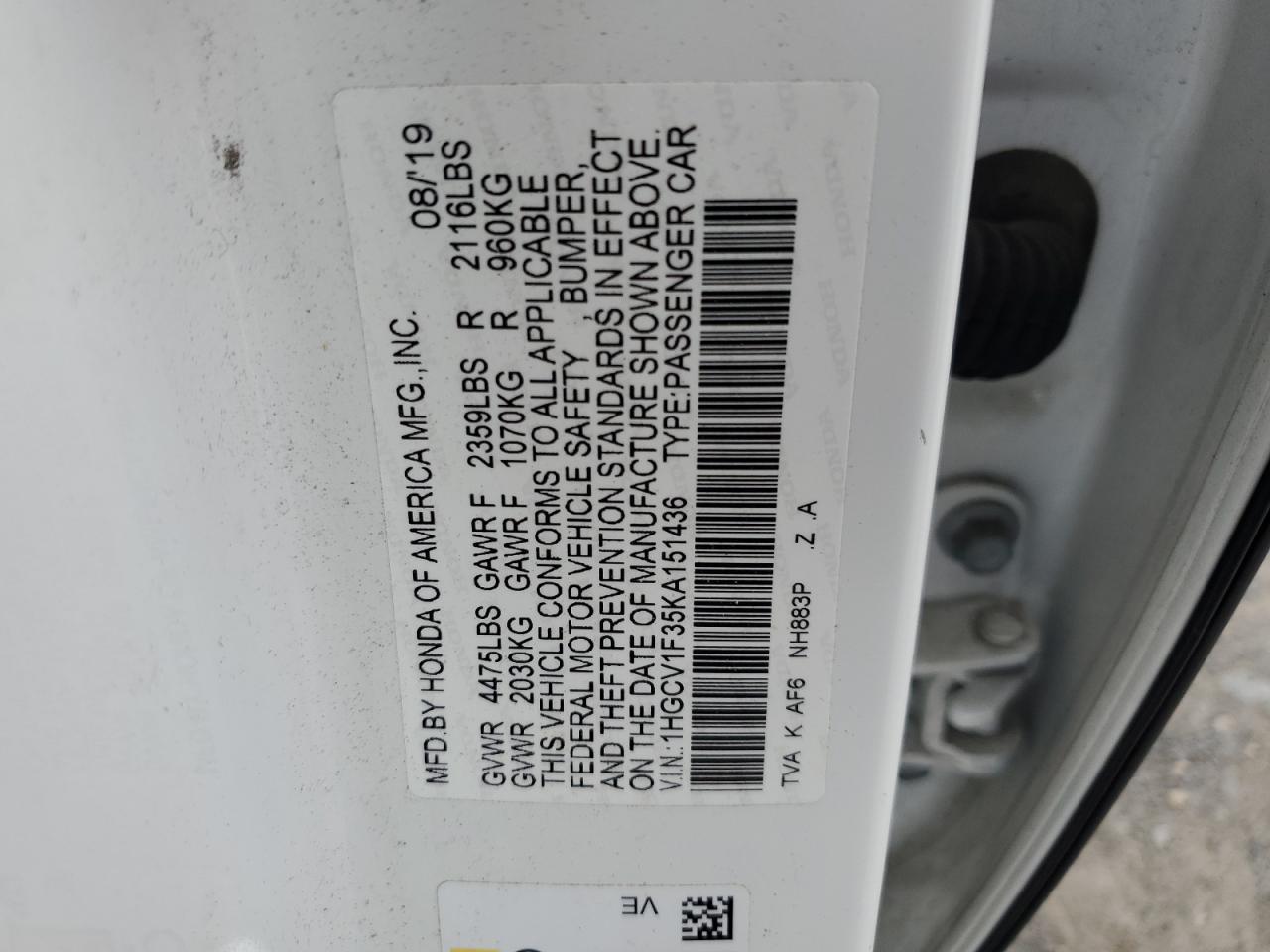 2019 Honda Accord VIN 1HGCV1F35KA151436 Copart auction photo, all over damage thumbnail 12