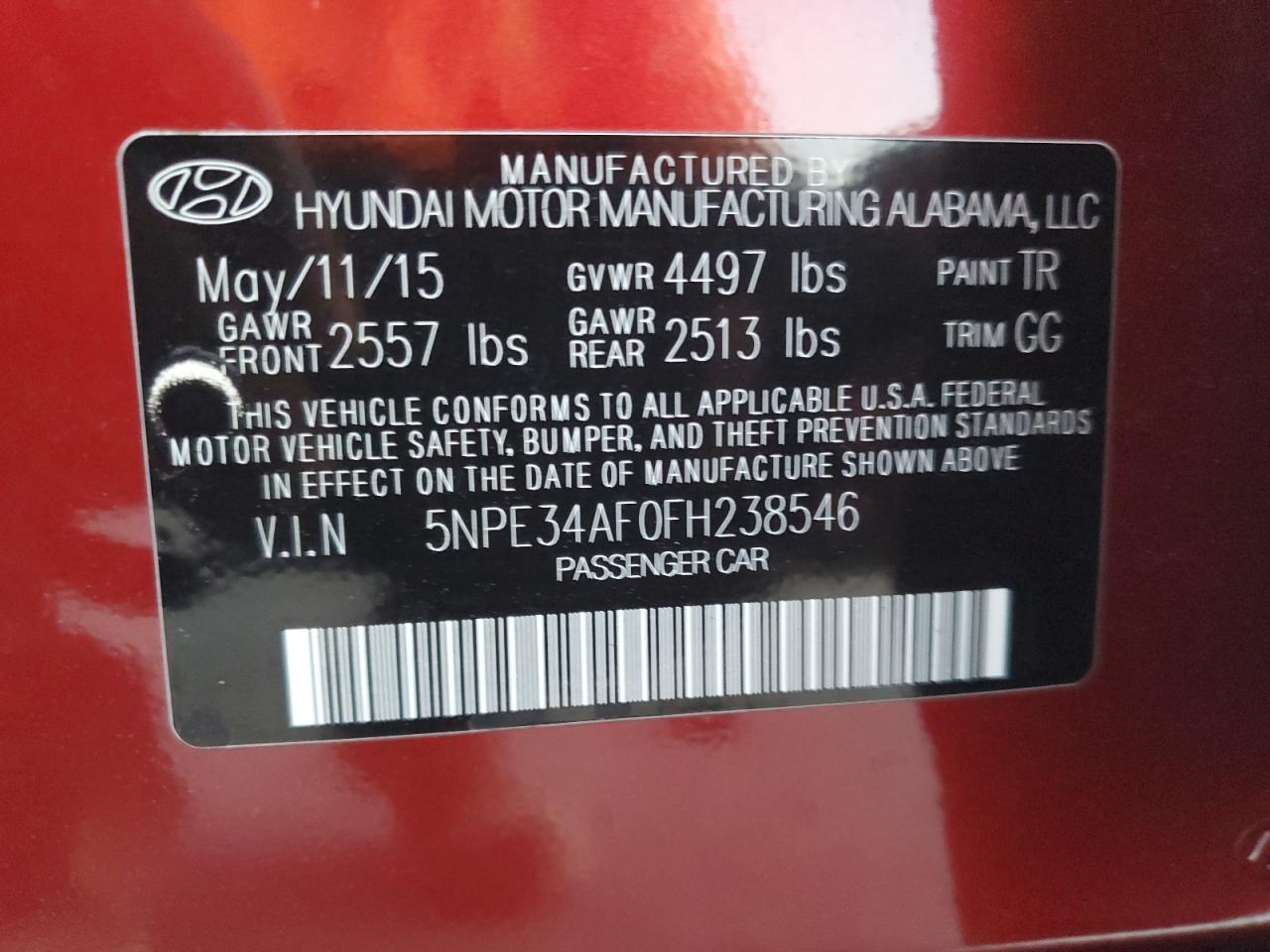 2015 Hyundai Sonata VIN 5NPE34AF0FH238546 Copart auction photo, front end / side damage thumbnail 14