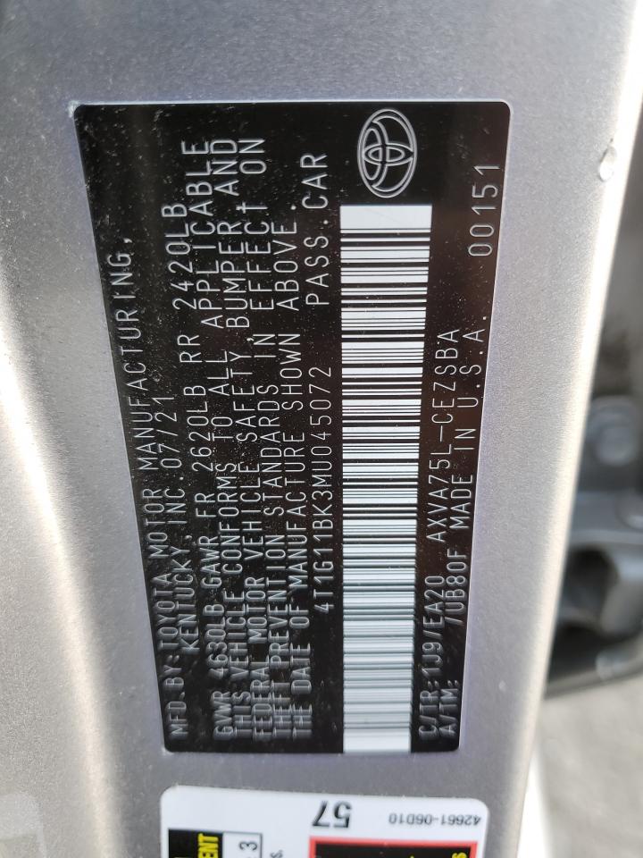 2021 Toyota Camry VIN 4T1G11BK3MU045072 Copart auction photo, side / front end damage thumbnail 14