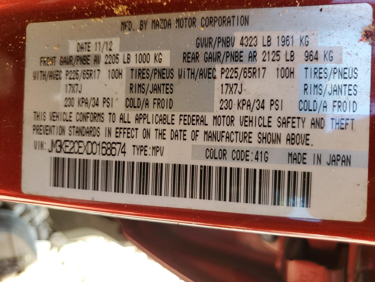 2013 Mazda CX-5 VIN JM3KE2CEXD0168674 Copart auction photo, all over damage thumbnail 12
