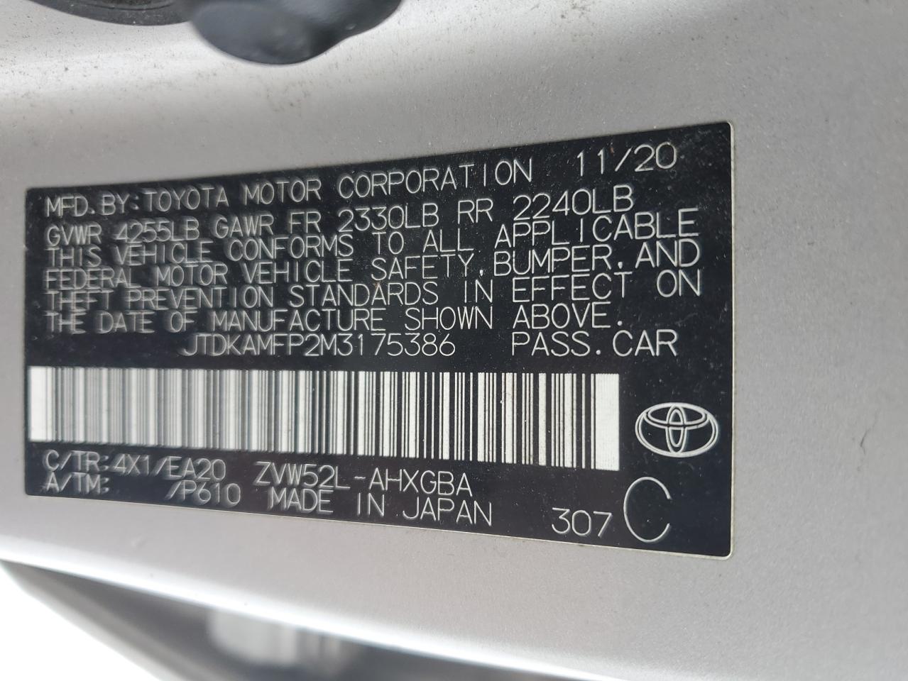 2021 Toyota Prius VIN JTDKAMFP2M3175386 Copart auction photo, front end / rear end damage thumbnail 12