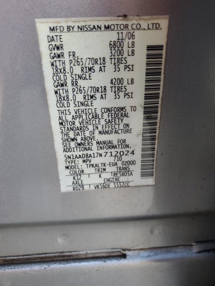 2007 Nissan Armada VIN 5N1AA08A17N712024 Copart auction photo, minor dent/scratches damage thumbnail 12