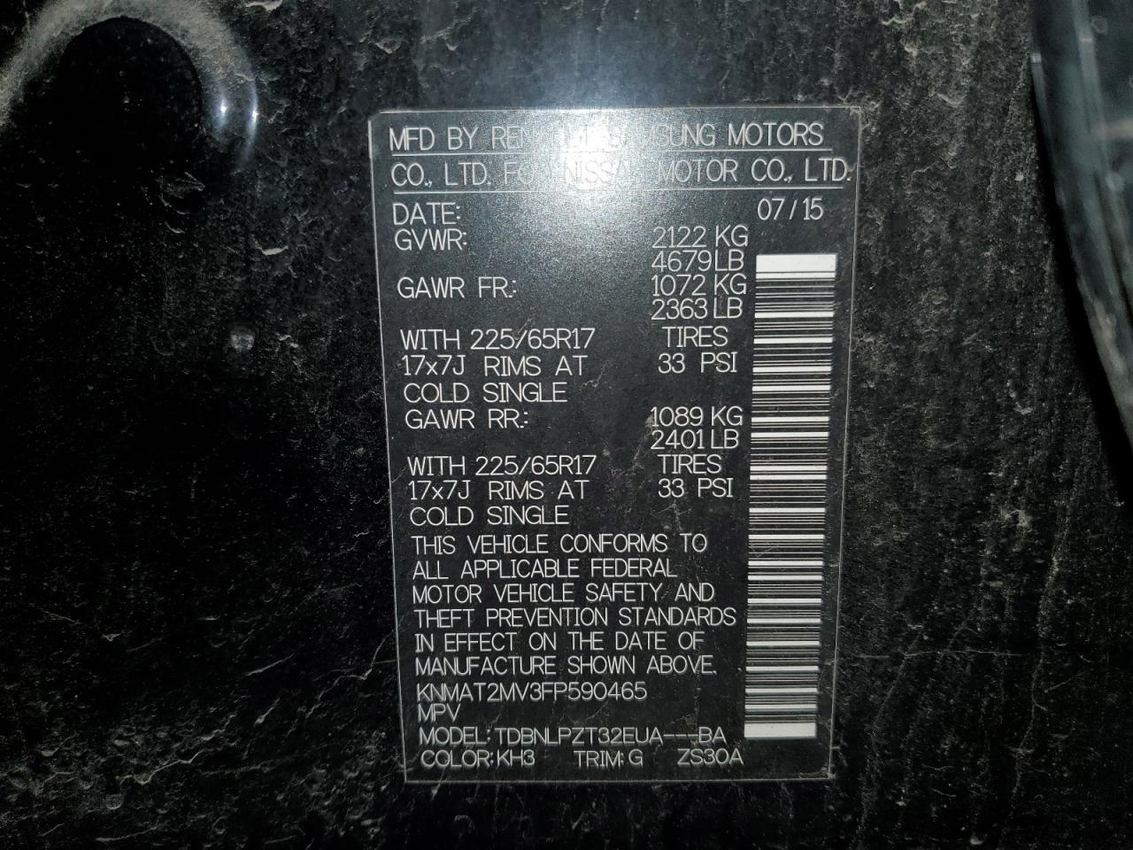 2015 Nissan Rogue VIN KNMAT2MV3FP590465 Copart auction photo, front end / minor dent/scratches damage thumbnail 14