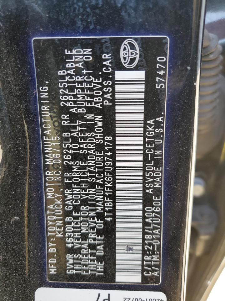 2015 Toyota Camry VIN 4T1BF1FK6FU974178 Copart auction photo, side / all over damage thumbnail 12