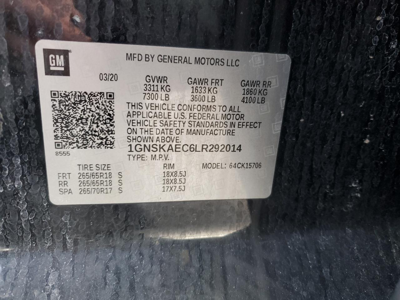 2020 Chevrolet Tahoe VIN 1GNSKAEC6LR292014 Copart auction photo, front end / all over damage thumbnail 15