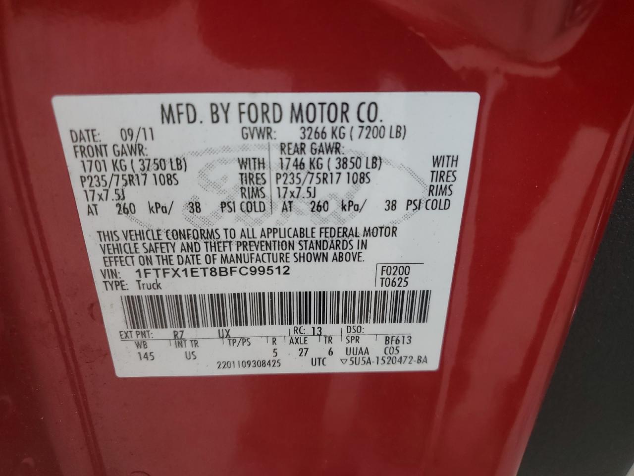 2011 Ford F-150 VIN 1FTFX1ET8BFC99512 Copart auction photo, mechanical damage thumbnail 12