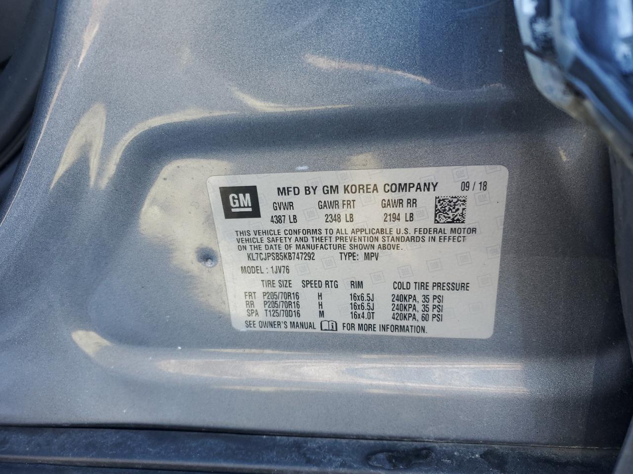 2019 Chevrolet Trax VIN KL7CJPSB5KB747292 Copart auction photo, side / rear end damage thumbnail 14