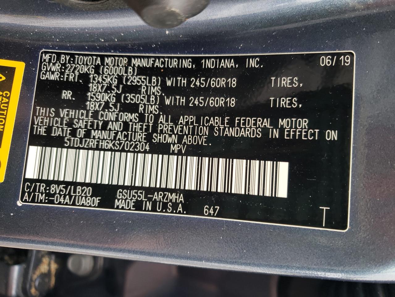 2019 Toyota Highlander VIN 5TDJZRFH6KS702304 Copart auction photo, top/roof / side damage thumbnail 13
