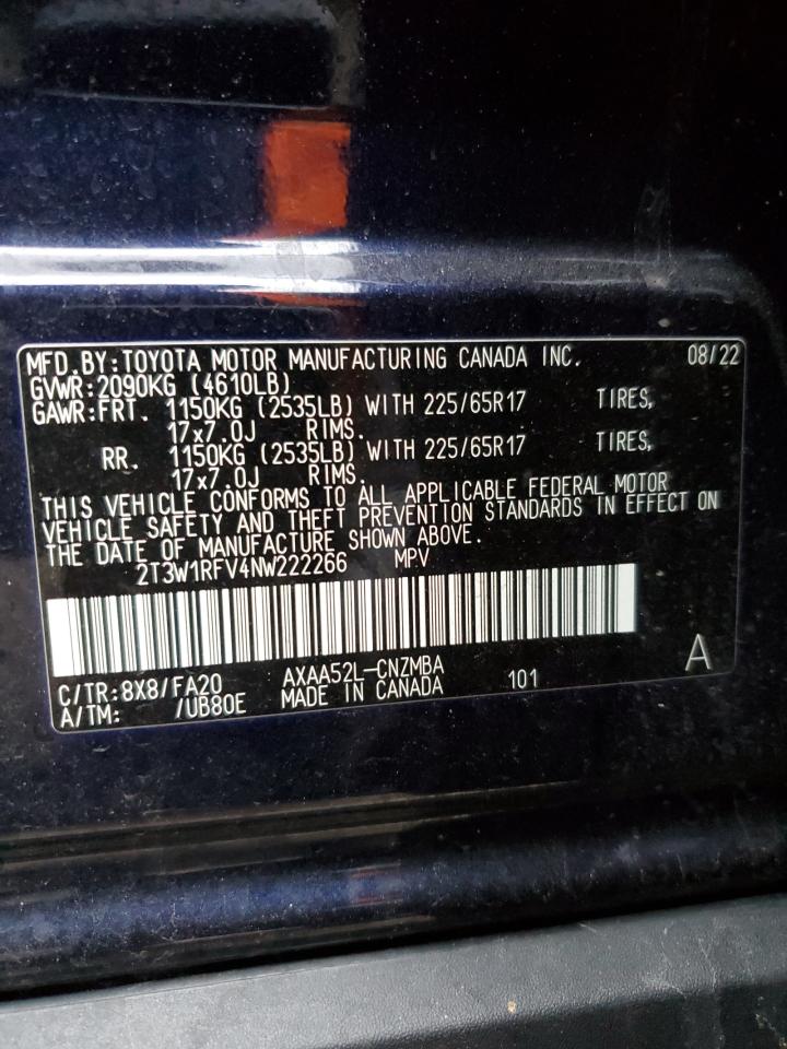 2022 Toyota RAV 4 VIN 2T3W1RFV4NW222266 Copart auction photo, rear end / side damage thumbnail 14