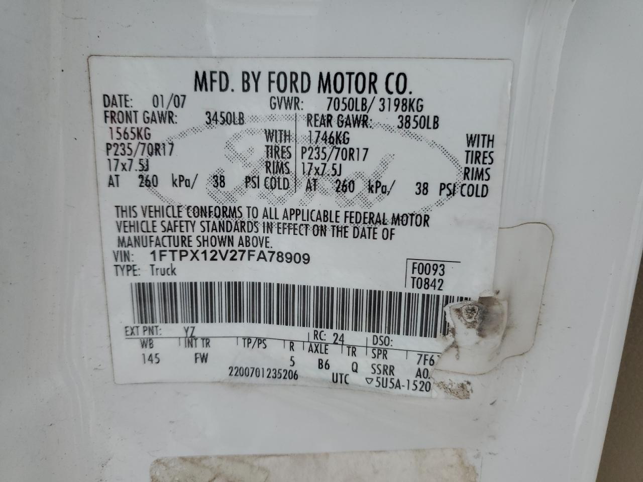 2007 Ford F-150 VIN 1FTPX12V27FA78909 Copart auction photo, front end / rear end damage thumbnail 12