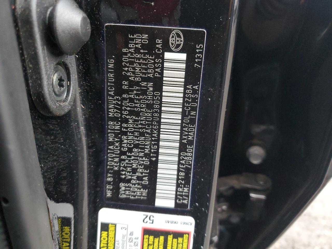 2023 Toyota Camry VIN 4T1G11AK6PU838050 Copart auction photo, all over damage thumbnail 14