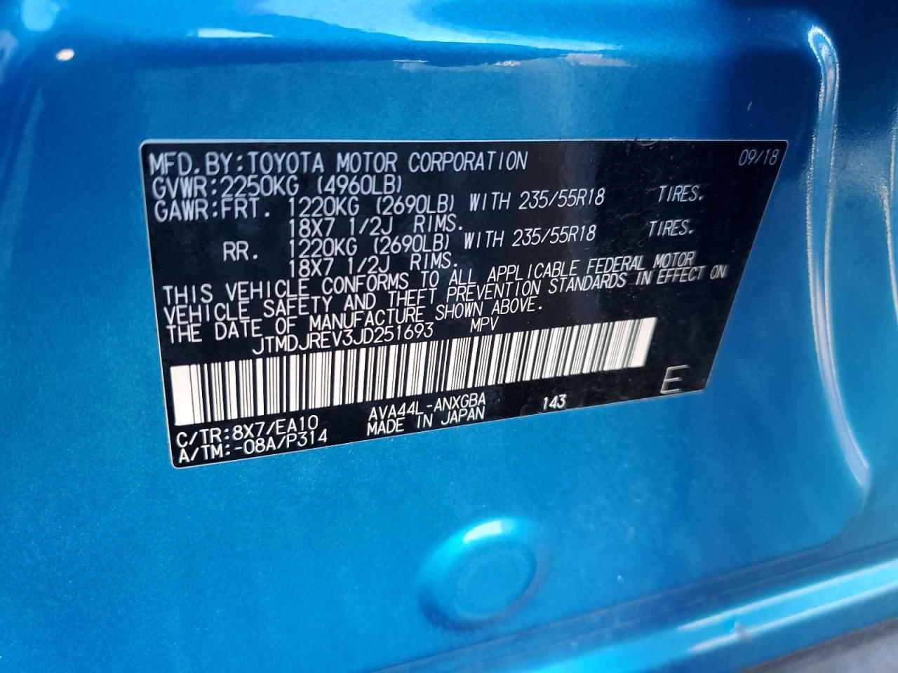 2018 Toyota RAV 4 VIN JTMDJREV3JD251693 Copart auction photo, front end damage thumbnail 13