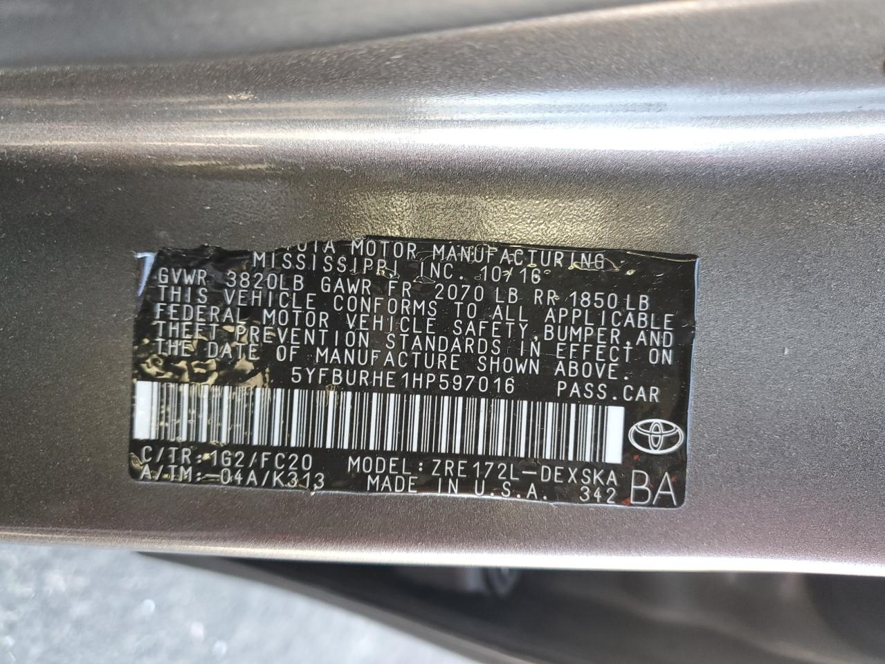 2017 Toyota Corolla VIN 5YFBURHE1HP597016 Copart auction photo, front end damage thumbnail 12