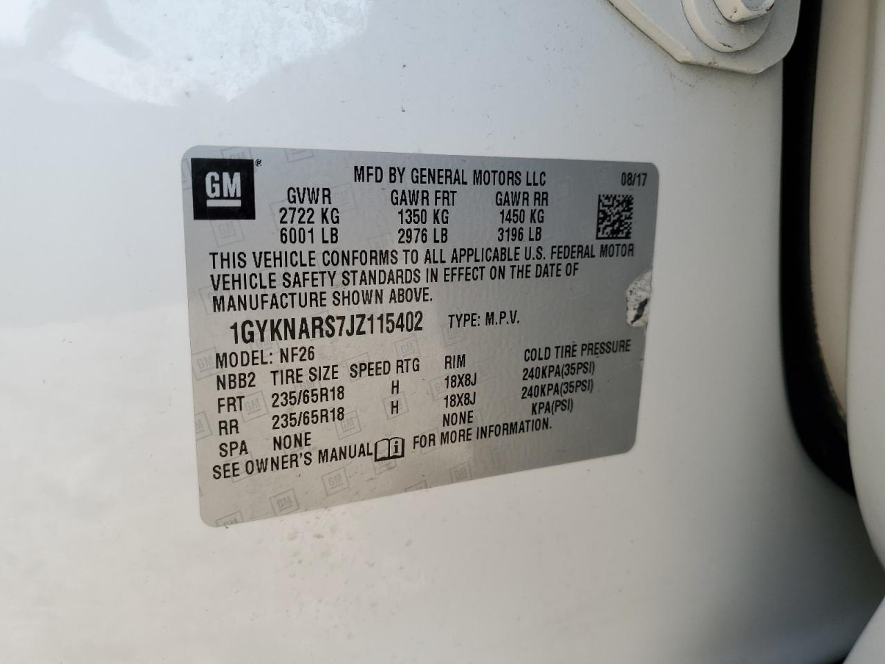 2018 Cadillac XT5 VIN 1GYKNARS7JZ115402 Copart auction photo, front end damage thumbnail 13