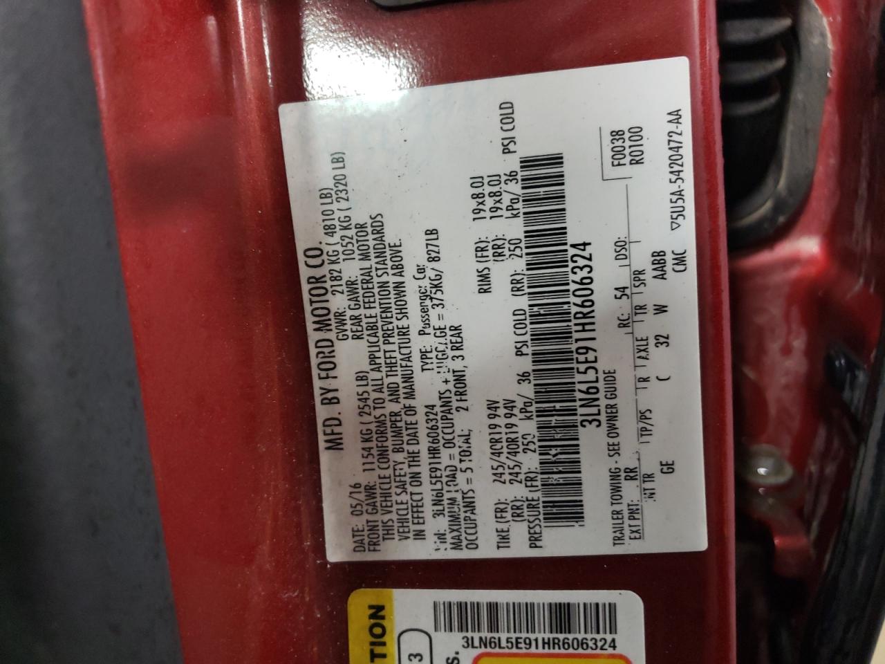2017 Lincoln MKZ VIN 3LN6L5E91HR606324 Copart auction photo, front end damage thumbnail 13
