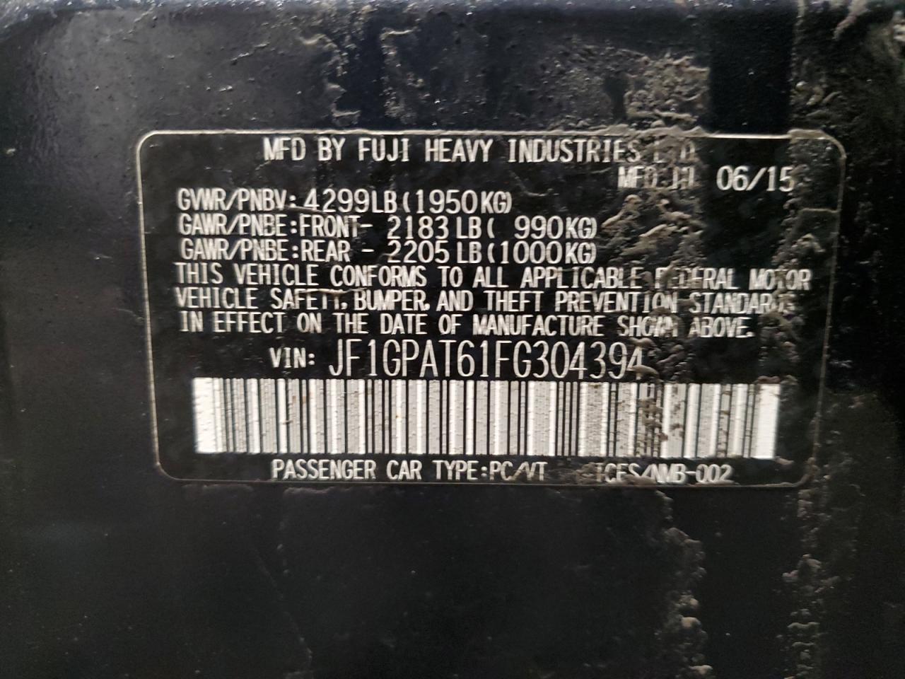 2015 Subaru Impreza VIN JF1GPAT61FG304394 Copart auction photo, rear end / side damage thumbnail 13