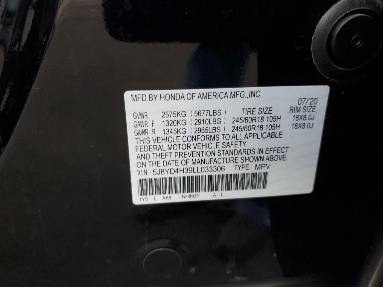 2020 Acura MDX VIN 5J8YD4H39LL033306 Copart auction photo, front end damage thumbnail 3