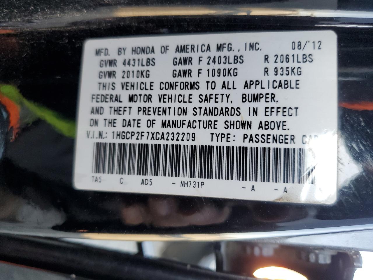 2012 Honda Accord VIN 1HGCP2F7XCA232209 Copart auction photo, front end damage thumbnail 12
