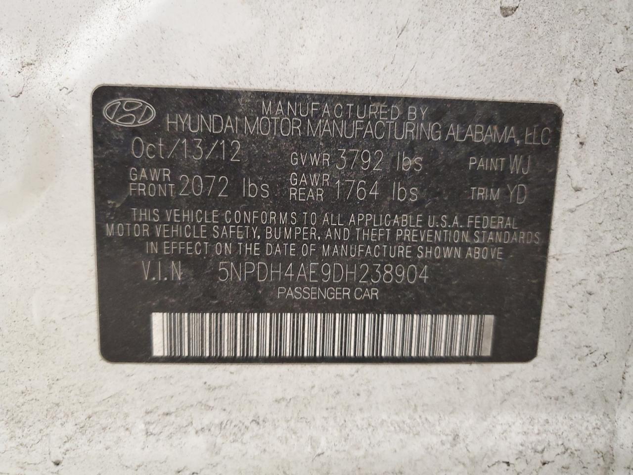 2013 Hyundai Elantra VIN 5NPDH4AE9DH238904 Copart auction photo, front end damage thumbnail 14