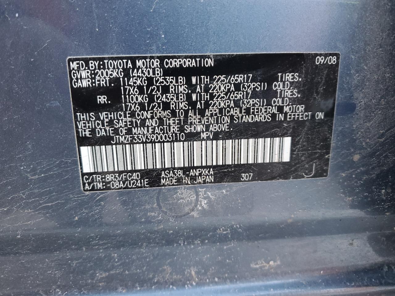 2009 Toyota RAV 4 VIN JTMZF33V39D003110 Copart auction photo, front end damage thumbnail 12