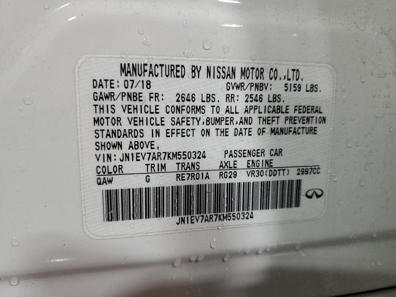 2019 Infiniti Q50 VIN JN1EV7AR7KM550324 Copart auction photo, front end / side damage thumbnail 14
