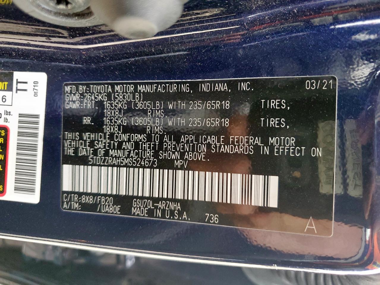 2021 Toyota Highlander VIN 5TDZZRAH5MS524673 Copart auction photo, front end damage thumbnail 14