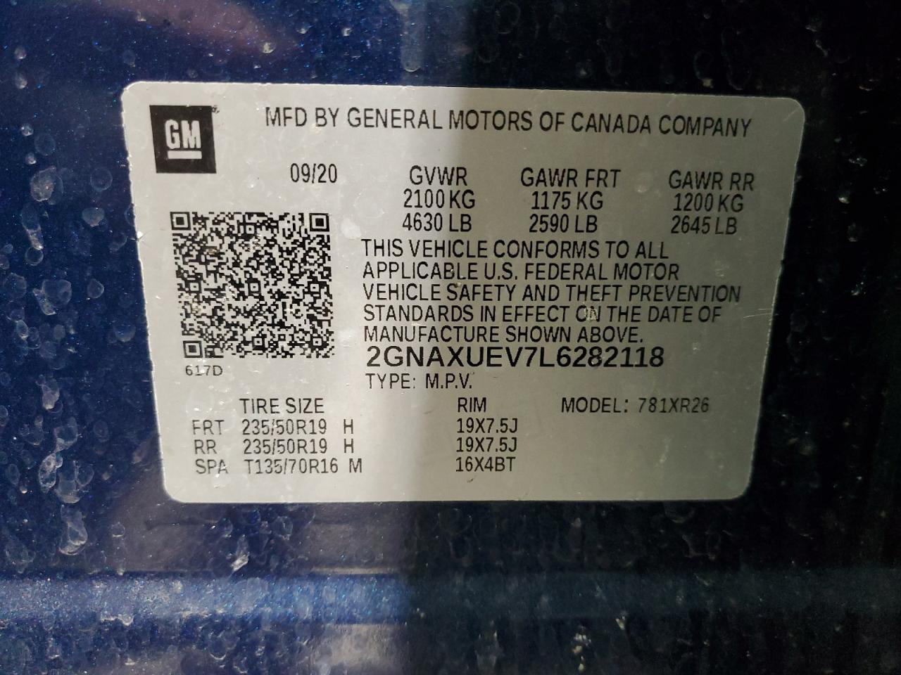 2020 Chevrolet Equinox VIN 2GNAXUEV7L6282118 Copart auction photo, front end damage thumbnail 13
