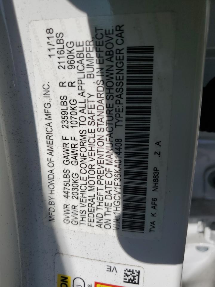 2019 Honda Accord VIN 1HGCV1F36KA014408 Copart auction photo, side damage thumbnail 13
