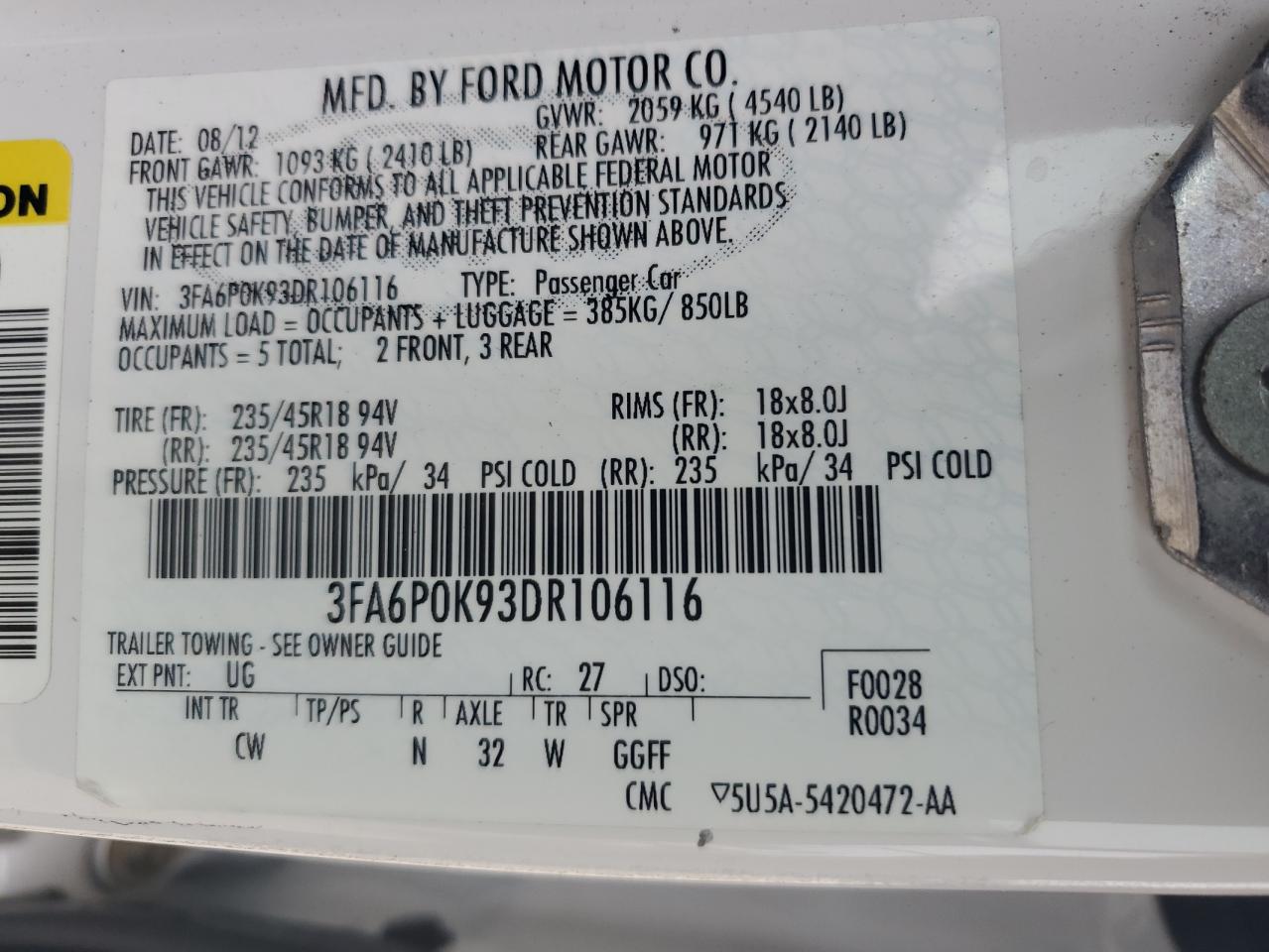 2013 Ford Fusion VIN 3FA6P0K93DR106116 Copart auction photo, front end damage thumbnail 12