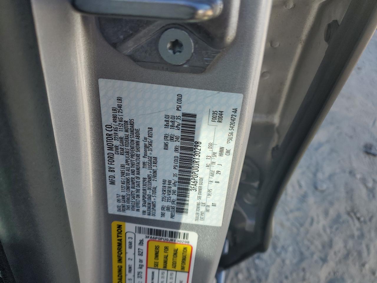 2018 Ford Fusion VIN 3FA6P0PU0JR130298 Copart auction photo, front end damage thumbnail 12