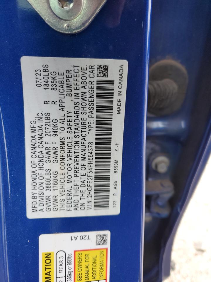 2023 Honda Civic VIN 2HGFE2F54PH564378 Copart auction photo, front end damage thumbnail 12