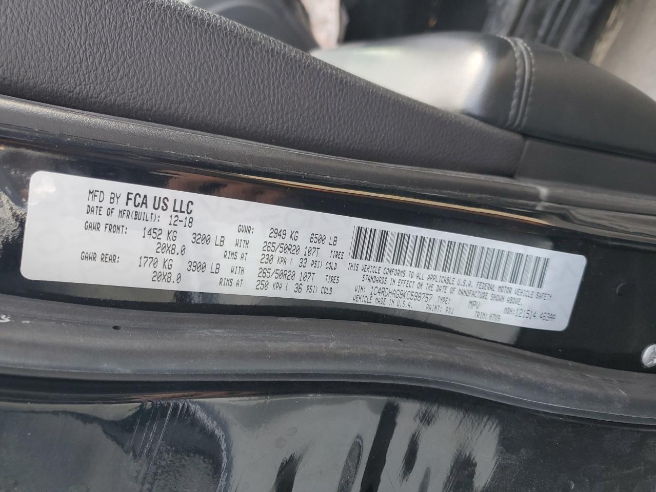 2019 Dodge Durango VIN 1C4RDHAG9KC598757 Copart auction photo, front end damage thumbnail 13