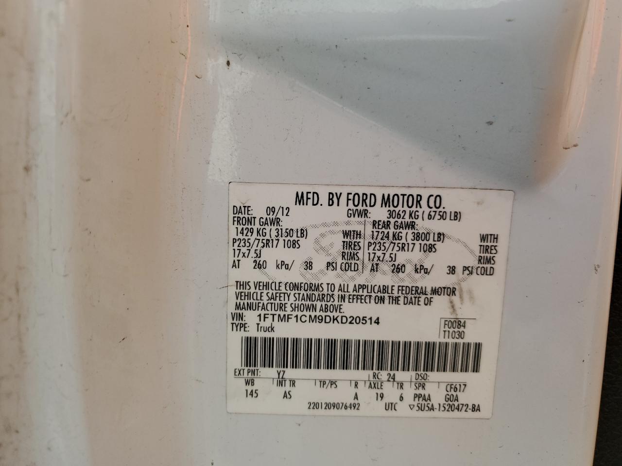 2013 Ford F-150 VIN 1FTMF1CM9DKD20514 Copart auction photo, side / rear end damage thumbnail 12