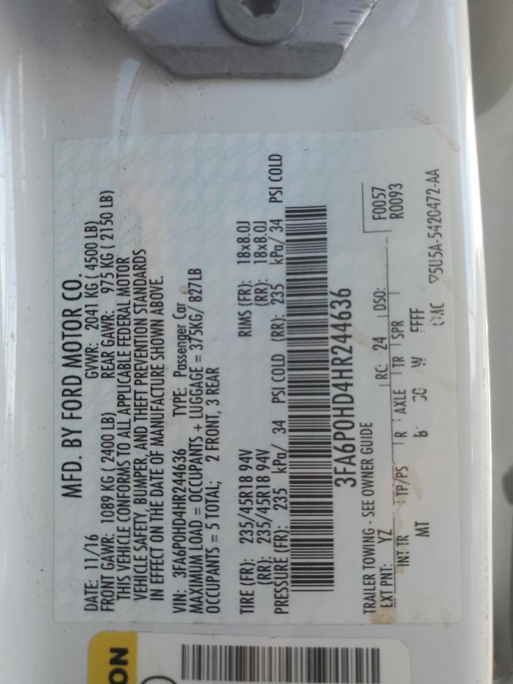 2017 Ford Fusion VIN 3FA6P0HD4HR244636 Copart auction photo, rear end / front end damage thumbnail 12