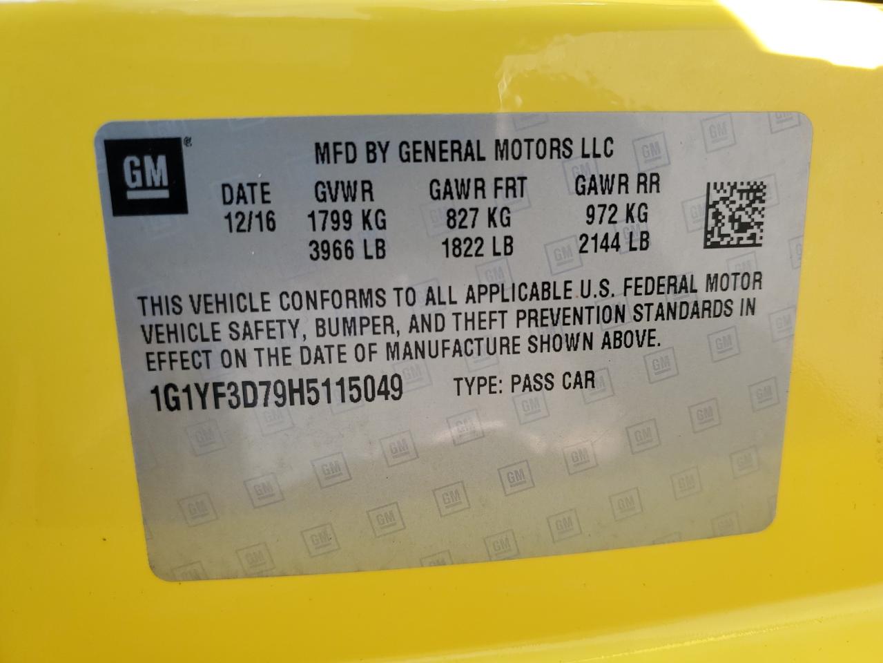 2017 Chevrolet Corvette VIN 1G1YF3D79H5115049 Copart auction photo, front end / top/roof damage thumbnail 12