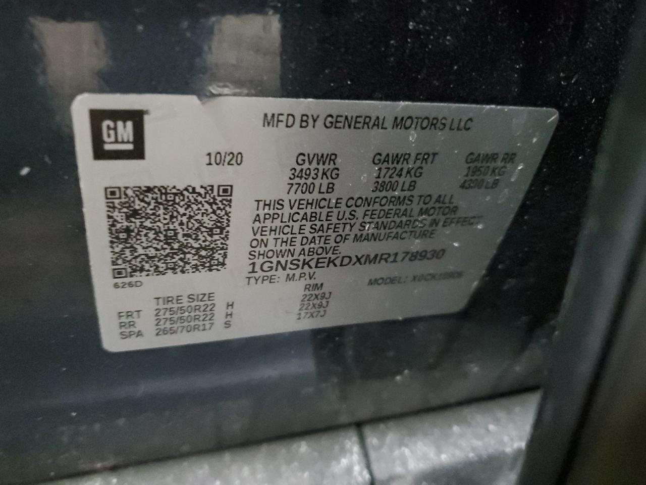 2021 Chevrolet Suburban VIN 1GNSKEKDXMR178930 Copart auction photo, rear end / undercarriage damage thumbnail 12