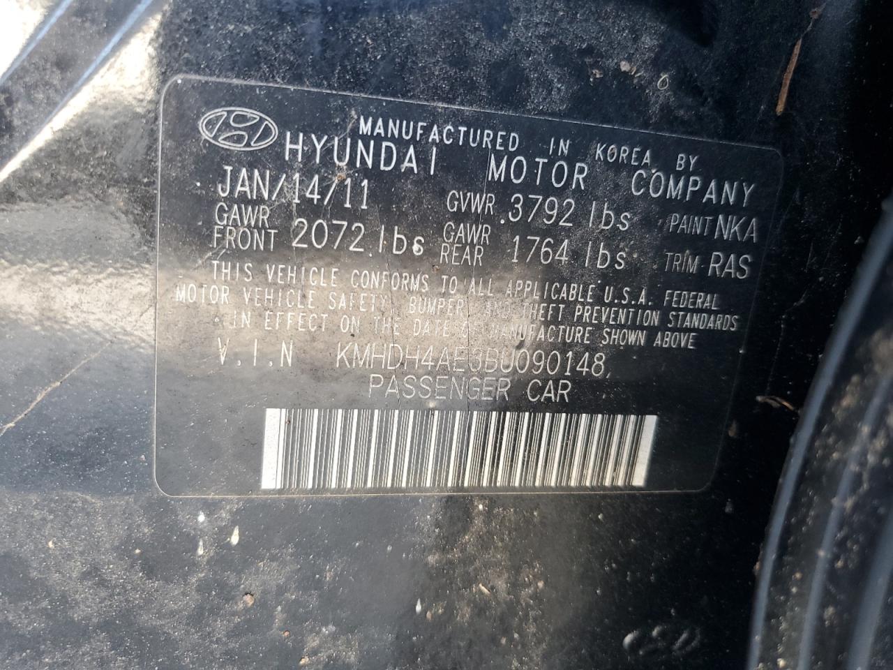 2011 Hyundai Elantra VIN KMHDH4AE3BU090148 Copart auction photo, water/flood damage thumbnail 12