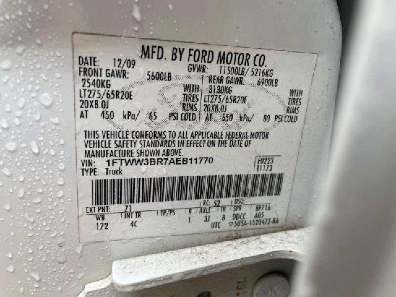2010 Ford F350 VIN 1FTWW3BR7AEB11770 Copart auction photo, minor dent/scratches / mechanical damage thumbnail 10
