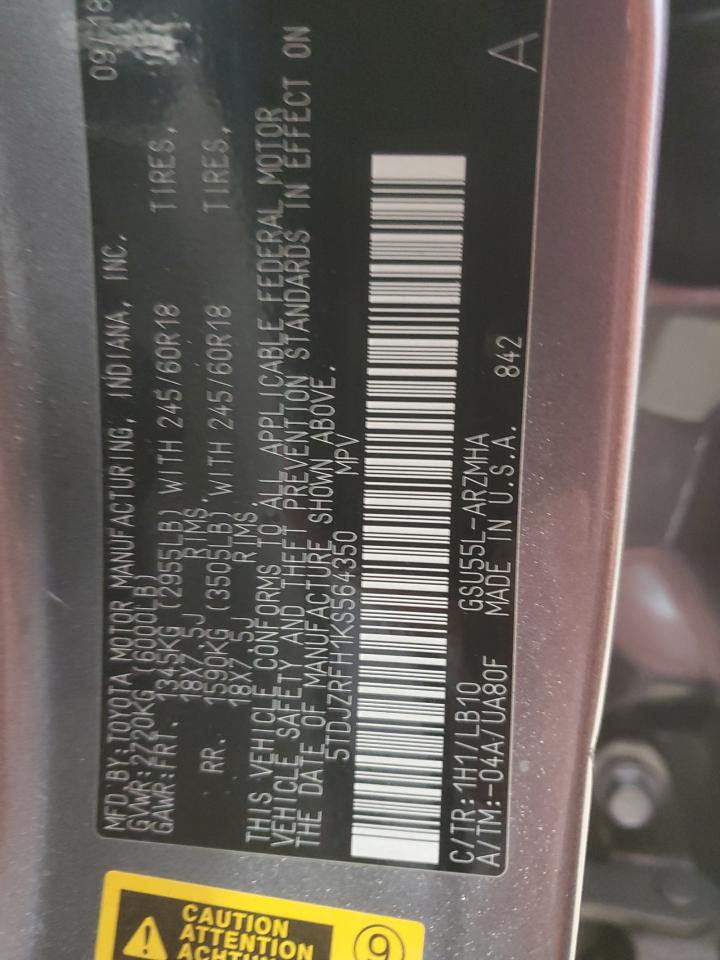 2019 Toyota Highlander VIN 5TDJZRFH1KS564350 Copart auction photo, rear end damage thumbnail 13