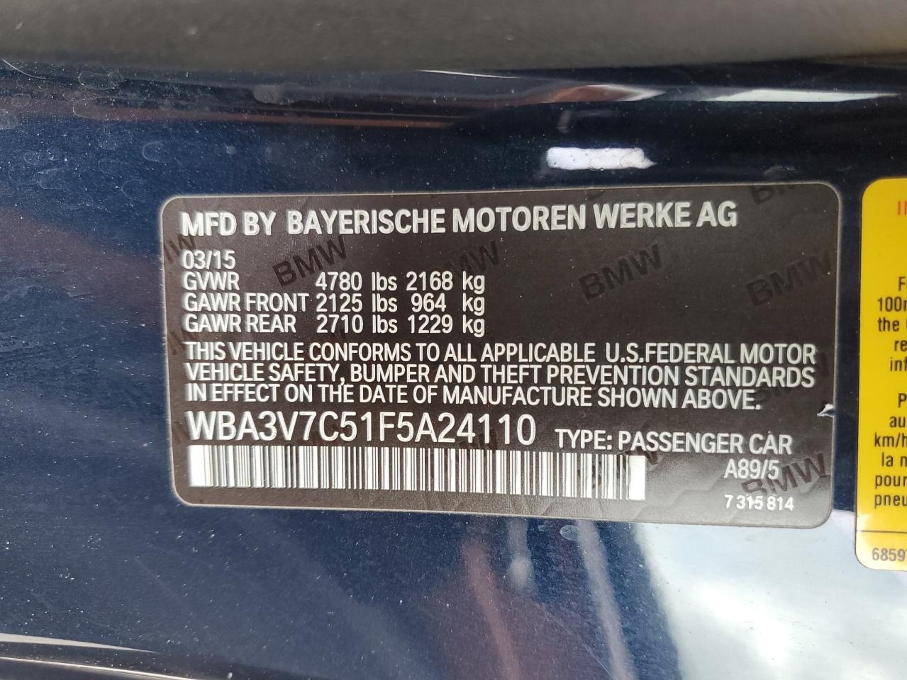 2015 BMW 4er VIN WBA3V7C51F5A24110 Copart auction photo, front end damage thumbnail 14