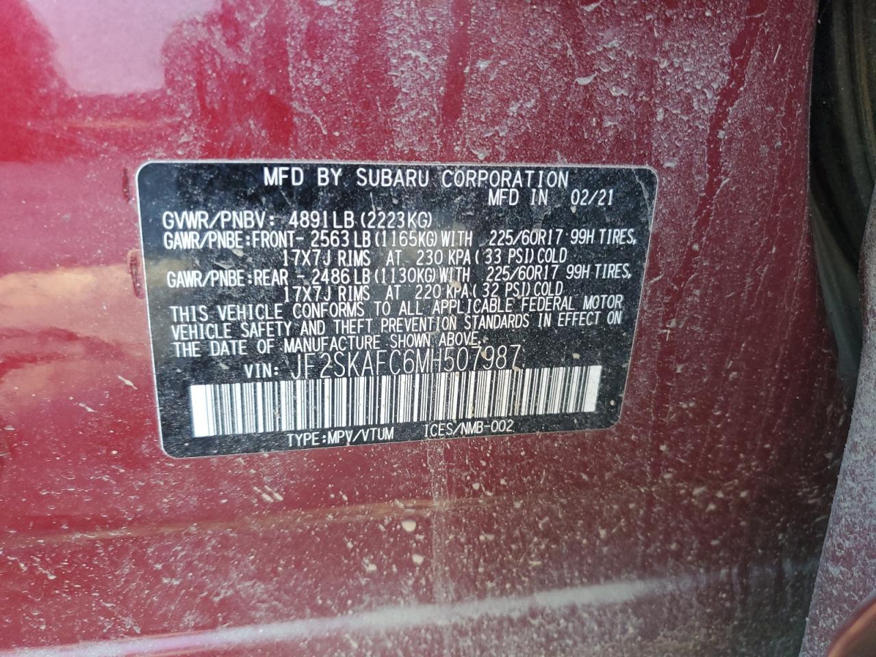 2021 Subaru Forester VIN JF2SKAFC6MH507987 Copart auction photo, front end / minor dent/scratches damage thumbnail 13