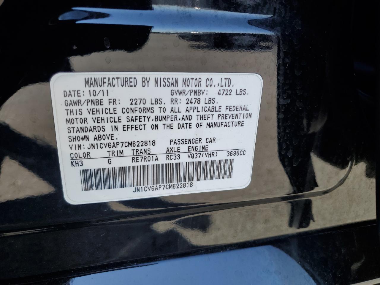 2012 Infiniti G VIN JN1CV6AP7CM622818 Copart auction photo, rear end damage thumbnail 15