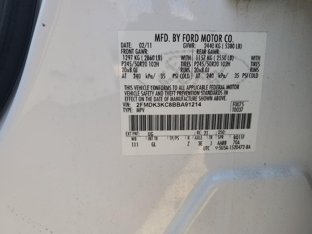 2011 Ford Edge VIN 2FMDK3KC8BBA91214 Copart auction photo, side damage thumbnail 13
