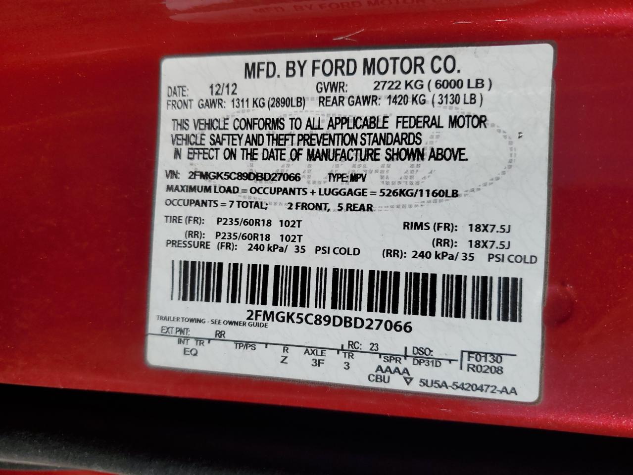 2013 Ford Flex VIN 2FMGK5C89DBD27066 Copart auction photo, front end / side damage thumbnail 13