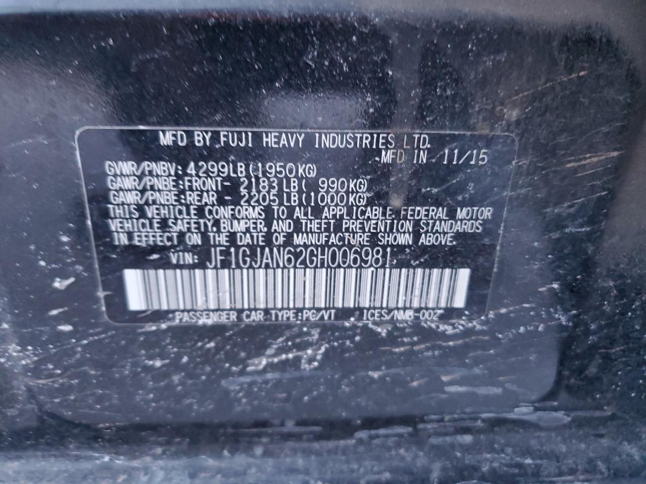 2016 Subaru Impreza VIN JF1GJAN62GH006981 Copart auction photo, rear end damage thumbnail 13